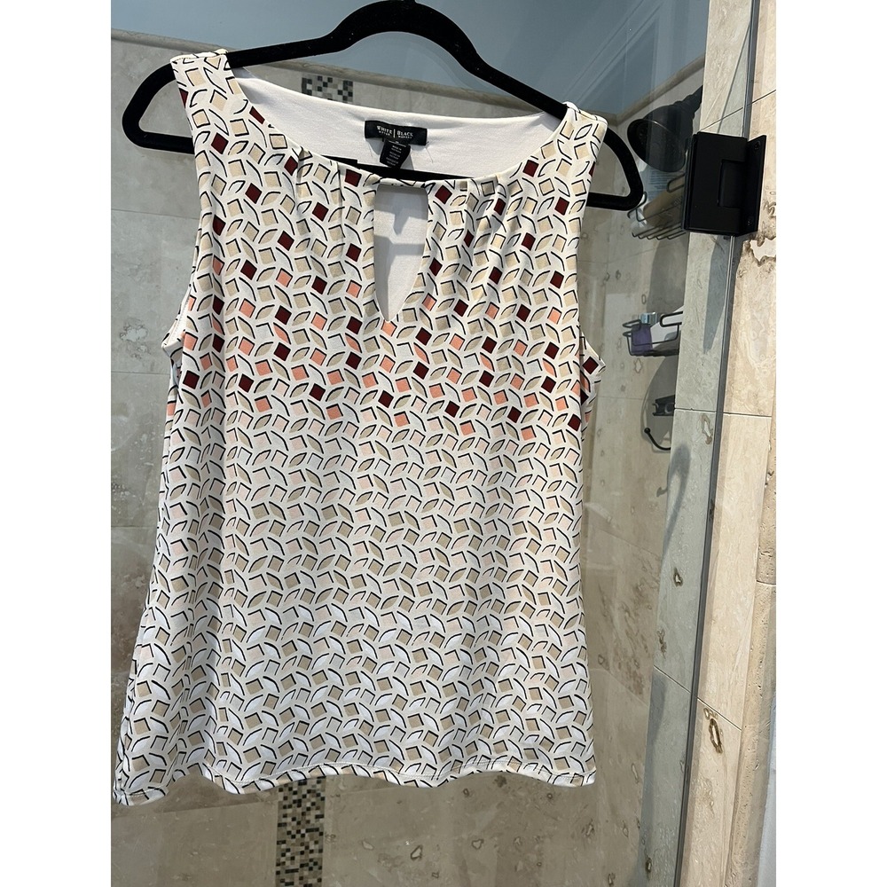 White House Black Market Tank Top Peach Pink Geo Print Keyhole Blouse M